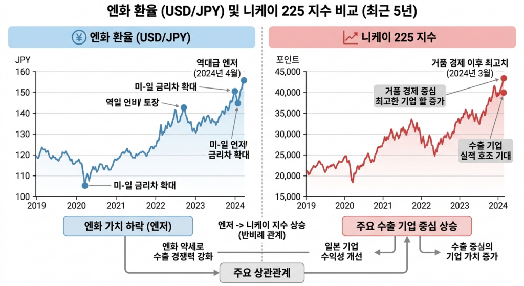 엔화 환율과 일본 니케이 지수 비교